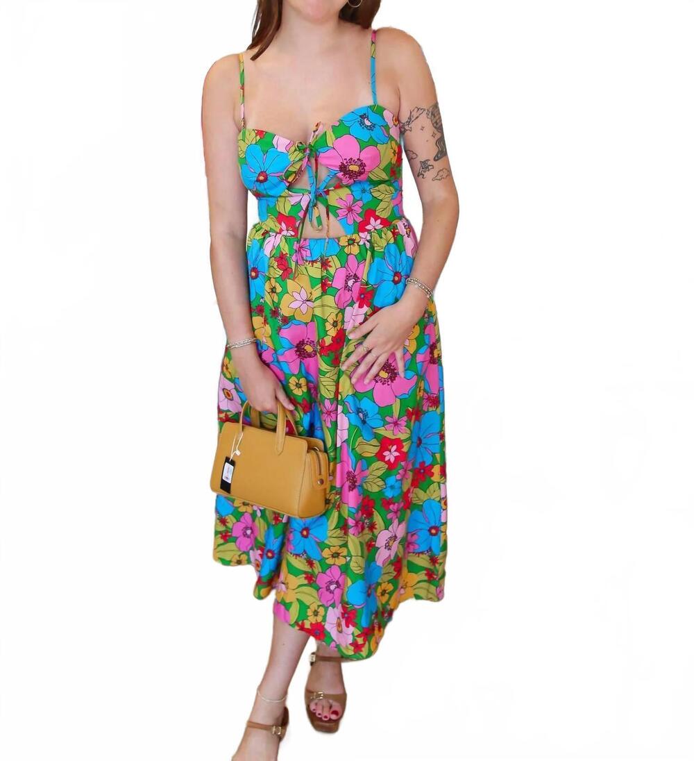 NEW FATE sleeveless front tie midi dress in green multi